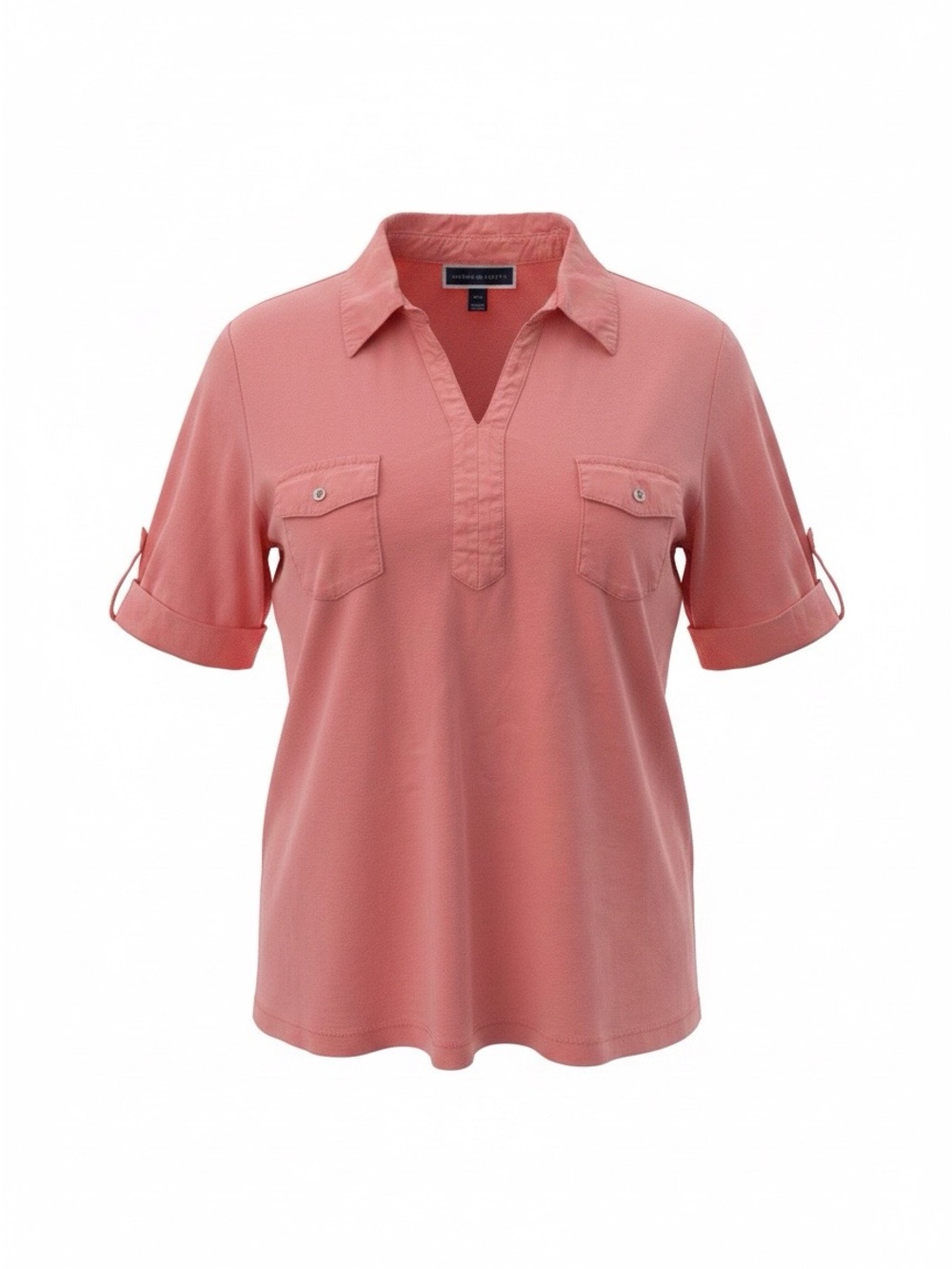 Karen Scott Coral-Pink Split V-Neck Short Sleeve Blouse